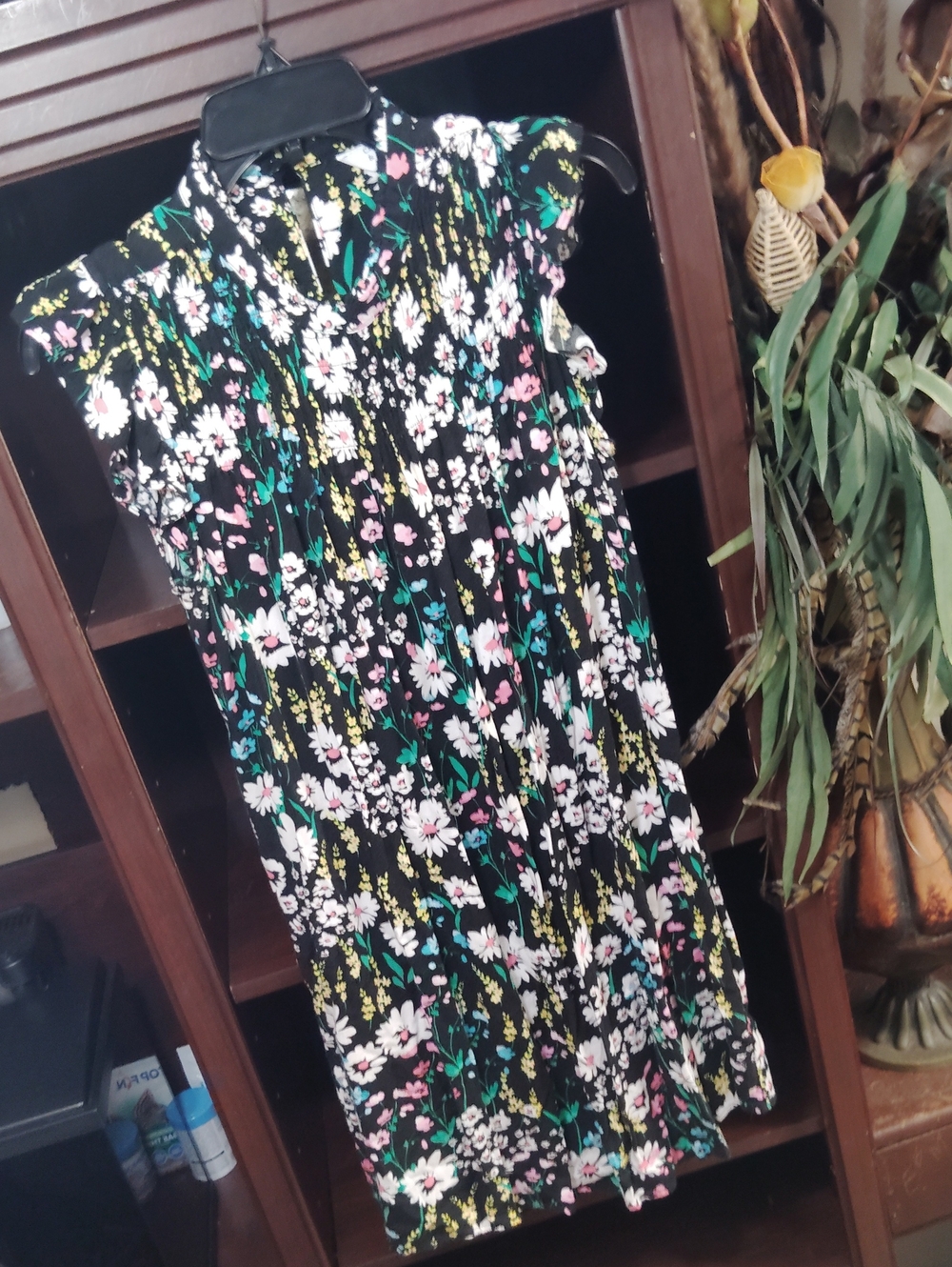 crown & ivy Black Floral Smocked Neck Midi Dress with Pink & Green Accents